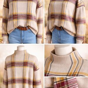 Tahari Plaid Mock Neck Sweater Medium Cozy Fall Neutral